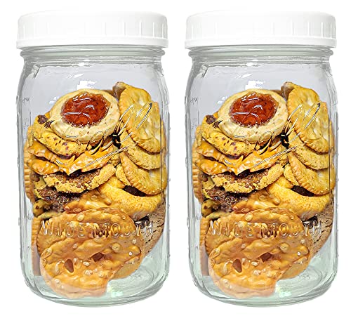 Wide Mouth Mason Jars 32 oz - (2 Pack) - Ball Wide Mouth 32-Ounces Quart Mason Jars with White M.E.M Food Storage Plastic Lids, Caps Fit Ball and Kerr Wide Mouth - For Storage, Freezing, Leak Proof, Microwave & Diswasher Safe