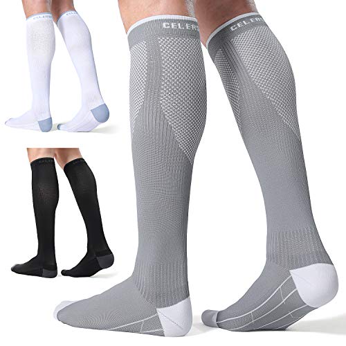 CelerSport 3 Pairs Compression Socks for Men and Women 20-30 mmHg Running Support Socks Gifts for Men, Black + White + Grey, Large/X-Large