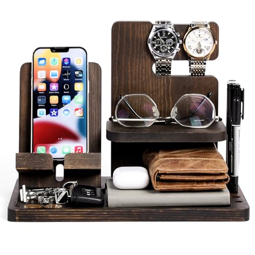 Homde Gifts for Men Solid Wood Phone Key Holder Wallet Stand Watch Organizer for Father Husband Boyfriend Nightstand Organizer for Anniversary Graduation(Dark Brown)