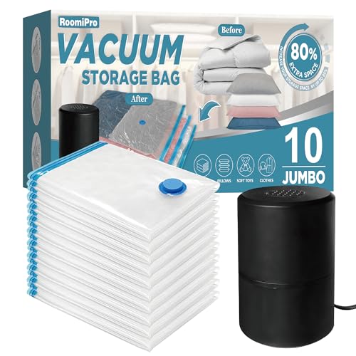 Roomipro Vacuum Storage Bags with Electric Pump, 10 Pack Jumbo, Space Saver Bags with Pump, Storage Vacuum Sealed Bags for Clothes, Comforters, Blankets, Bedding