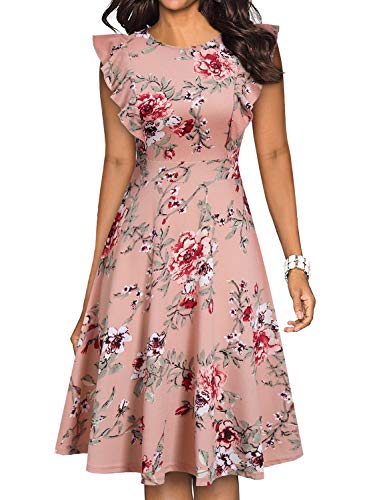 YATHON Women's Vintage Ruffle Floral Flared A Line Swing Casual Cocktail Party Dresses (L, YT001-Pink Floral 01)