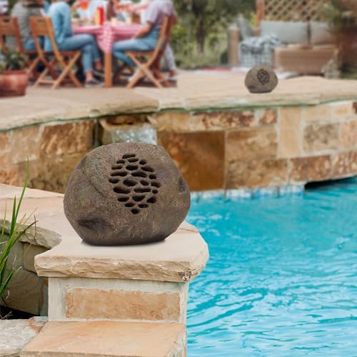 Alpine Corporation Set of 2 Weather-Resistant Bluetooth Solar-Powered Outdoor Wireless Rock Speakers, Audio for Pool & Deck, Brown