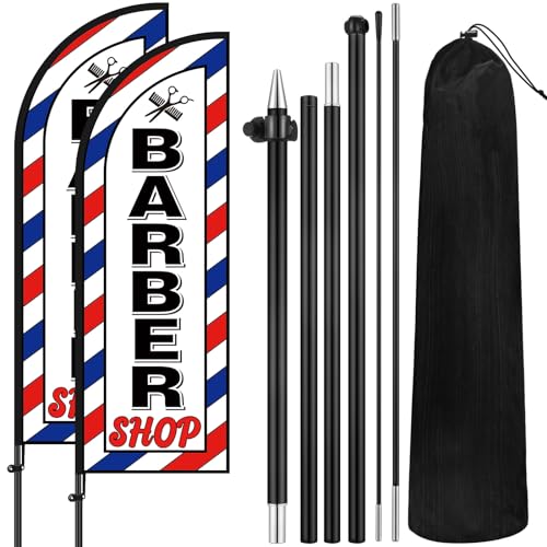 VitalCozy 2 Set Barber Flag Barbershop Themed Swooper Flag with Pole Kit Open Feather Flag Barber Sign Windless Barber Banner for Salon Business Advertising Outdoor Outside (7 ft)