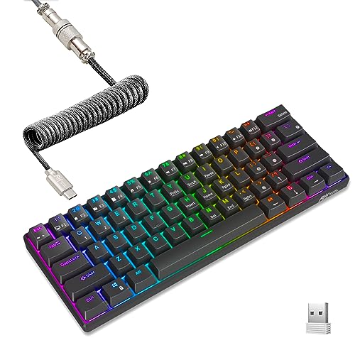 RK ROYAL KLUDGE RK61 60% Mechanical Keyboard with Coiled Cable, 2.4Ghz/Bluetooth/Wired, Wireless Bluetooth Mini Keyboard 61 Keys, RGB Hot Swappable Red Switch Gaming Keyboard with Software - Black