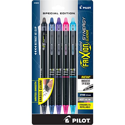 PILOT FriXion Synergy Clicker Erasable, Refillable & Retractable Gel Ink Pens, Extra Fine Point, Assorted Ink Colors, 5-Pack (18244)