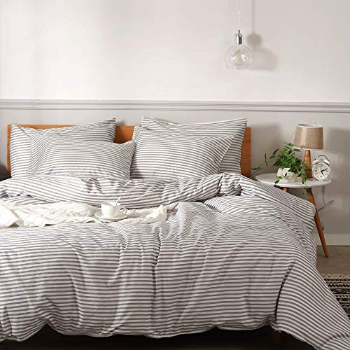 JELLYMONI 100% Natural Cotton 2pcs Striped Duvet Cover Sets,White with Grey Stripes Pattern Printed Comforter with Zipper Closure & Corner Ties(Twin Size)