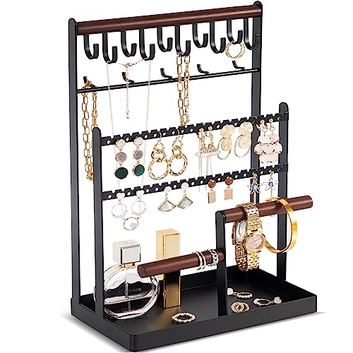 ProCase Jewelry Organizer Stand Necklace Organizer Earring Holder, 6 Tier Jewelry Stand Necklace Holder with 15 Hooks, Jewelry Tower Display Rack Storage Tree for Bracelets Earrings Rings -Black
