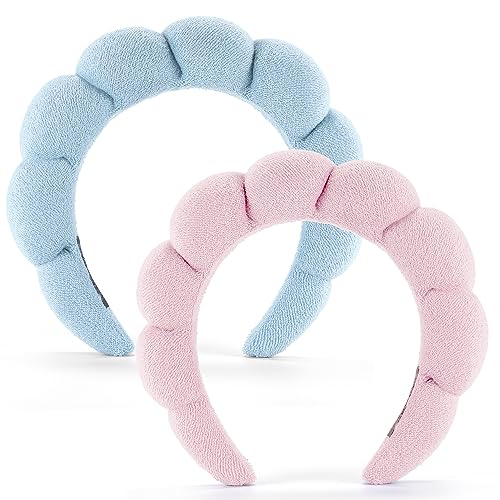 Ztomine Spa Headbands for Washing Face or Facial, Set of 2 Skincare Headbands, Terry Cloth Headband Wash Combo Pack - Puffy Makeup Washing, Mask, Skin Treatment (Pink & Blue)