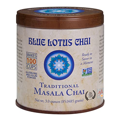 Blue Lotus Chai Tea - Traditional Masala Chai - Makes 100 Cups - 3 Ounce Masala Spiced Chai Powder with Organic Spices - Instant Indian Tea No Steeping - No Gluten