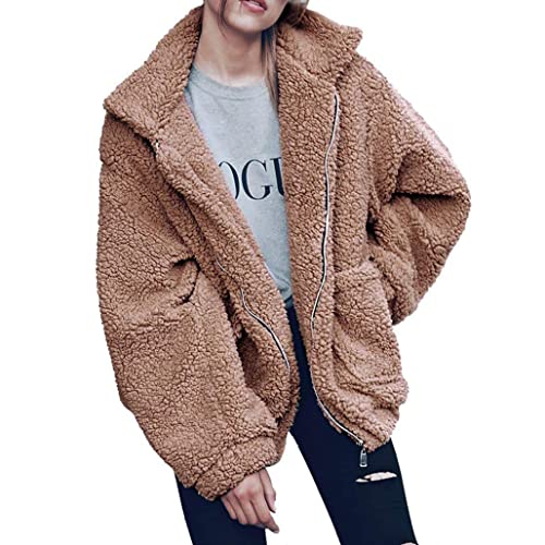 PRETTYGARDEN Women's Fashion Winter Coat Long Sleeve Lapel Zip Up Faux Shearling Shaggy Oversized Shacket Jacket (Khaki,Medium)