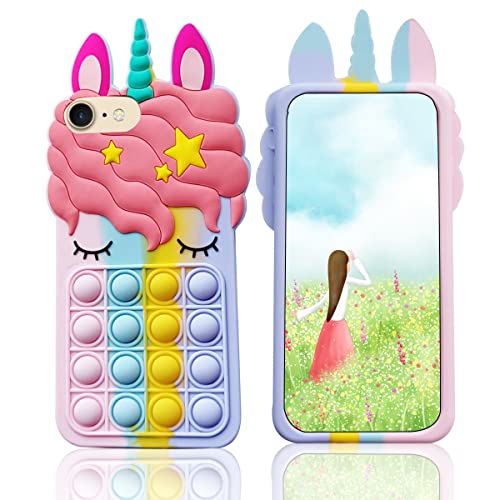 aupartuds iPhone SE Cute Case for Girls Kids,Cartoon Kawaii Funny Silicone Design Cover,Unicorn Cool Unique Stress Relief Push Pop Bubble Protective Shell for iPhone 6/6S/7/8 4.7 inch - Rainbow