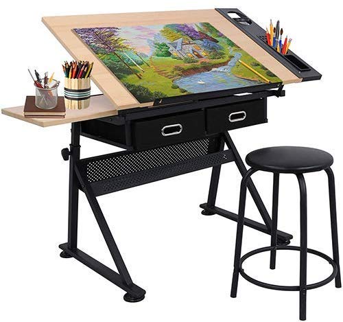 BBBuy Drafting Table Drawing Desk Art&Craft Work Station Height Adjustable Tilting Tabletop Craft Table Desk w/Stool and 2 Storage Drawers for Home Office Study Room, Black