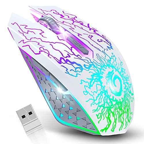 VersionTECH. Wireless Gaming Mouse, Rechargeable Computer Mouse Mice with Colorful LED Lights, Silent Click, 2.4G USB Nano Receiver, 3 Level DPI for PC Gamer Laptop Desktop Chromebook Mac-White