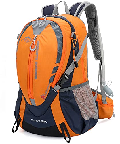 INOXTO Small Hiking Backpack with 2L Water Bladder and Rain Cover, 25L Hydration Backpack Hiking Daypack (Orange blue)