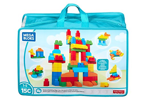 MEGA BLOKS Fisher-Price Toddler Block Toys, Deluxe Building Bag with 150 Pieces and Storage Bag, Gift Ideas for Kids Age 1+ Years