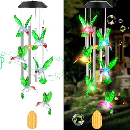 Mothers Day Wind Chimes Gifts for Mom Birthday Gifts for Women Mother‘s Day Gifts for Grandma Wife Sister Hummingbird Wind Chimes Solar Lights for Outside Garden Outdoor House Patio Décor