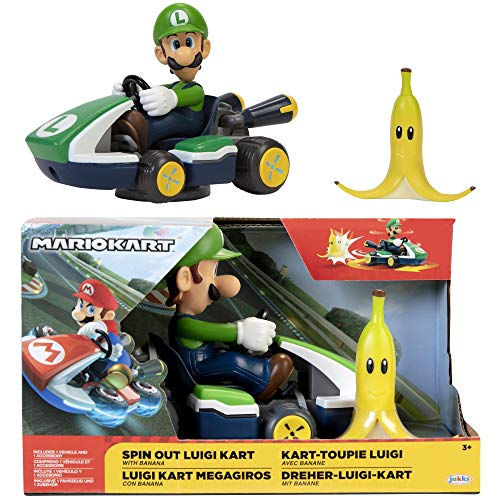 Super Mario Spin Out MarioKart Luigi Racer Vehicle with 360 Spins, Wind Up and Go! includes One 2.5” Luigi Action Figure