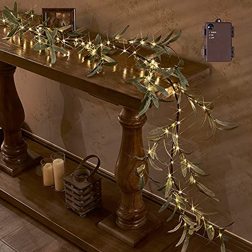 Hairui Lighted Artificial Olive Garland 6FT 96 LED Fairy Lights Battery Operated, Faux Vine Lights with Timer for Spring Christmas Holiday Fireplace Décor