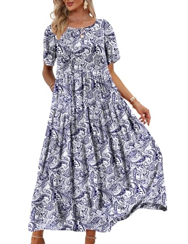 YESNO Women Casual Loose Bohemian Floral Dress with Pockets Short Sleeve Long Maxi Summer Beach Swing Dress 2XL EJF CR148