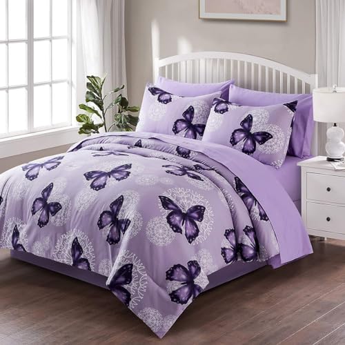 ARTALL Bed in A Bag Full/Queen Size 8 Pieces, Purple Butterfly All Season Bedding Comforter Bed Set with Pillow Shams, Flat Sheet, Fitted Sheet, Bed Skirt, Pillowcases