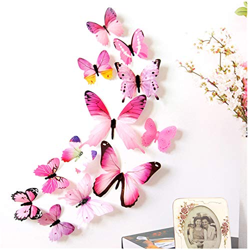 Bokeley 12 x PCS 3D Colorful Butterfly Wall Stickers DIY Art Decor Crafts for Nursery Classroom Offices Kids Girl Boy Baby Bedroom Bathroom Magnets (Pink)
