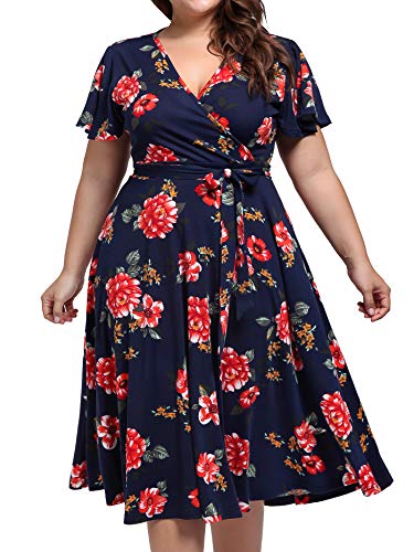 Plus Size Cocktail Dresses,Kissmay Plus Size Fit and Flare Dresses for Women Slim Fitting Elasticity Clothing Ruched Flows Sweet Dress for Casual Short-Sleevede 1950s Lavender Dress Navy Red XX-Large