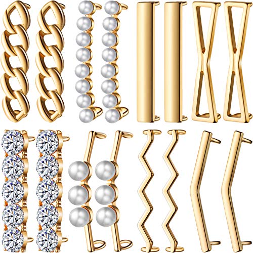 Hicarer 16 Pieces/ 8 Pairs Lace Charms for Sneakers Gold Shoelaces Decorations DIY Decorative Shoe Clips Faux Pearl Rhinestones Shoes Accessory for Girl Women Casual Shoes
