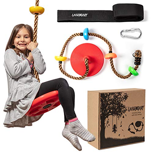 LAEGENDARY Tree Swing for Kids - Single Disk Outdoor Climbing Rope w/Platforms, Carabiner & 4 Ft Tree Strap - Playground Accessories - Multicolored
