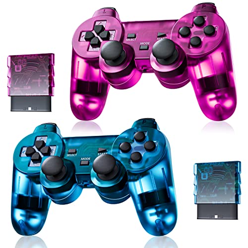 Burcica Wireless Controller for PS2 Play station 2 Dual Vibration 2 - ClearBlue and ClearPurple