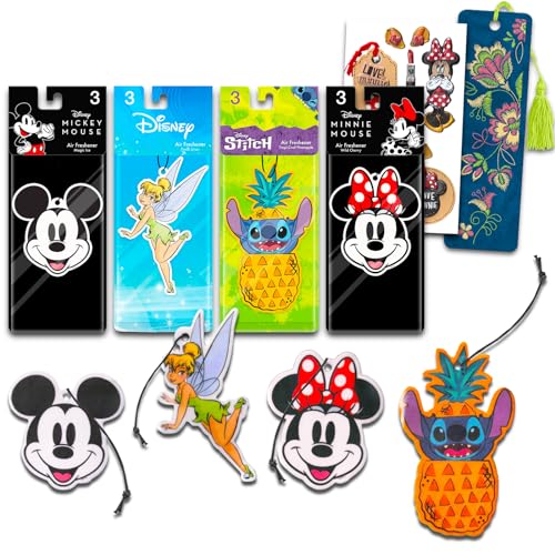 Disney Car Air Fresheners Scents Bundle - 4 Pack Mickey and Minnie Mouse, Tinkerbell, and Stitch Hanging Air Fresheners for Car | Disney Car Accessories
