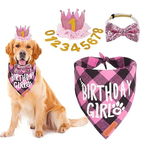 ADOGGYGO Dog Birthday Party Supplies, Multi Size Offered, Birthday Girl Dog Bandana, Dog Birthday Hat Crown with Numbers for Large and Extra Large Dogs Pets (X-Large, Pink)