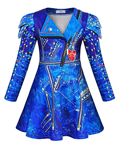 WonderBabe Evie Descendants Costume for Girls Birthday Party Supplies Outfits for Girls Princess Zipper Jacket Long Sleeve Dress Size 5-6t