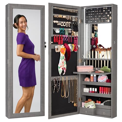 Best Choice Products LED Mirror Jewelry Cabinet, Lockable Wall or Door Mounted Jewelry Armoire Organizer with Mirror, 2 Drawers, Lock, Cosmetic Tray, Shelves, Gray Oak