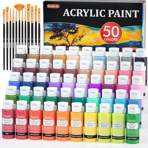Shuttle Art Acrylic Paint, 50 Colors Acrylic Paint Set, 2oz/60ml Bottles, Rich Pigments, Water Proof, Premium Acrylic Paints for Artists, Beginners and Kids on Canvas Rocks Wood Ceramic Fabric