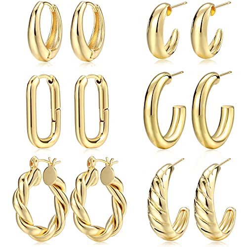 Gold Hoop Earrings Set for Women Girl, 6 Pairs 14K Gold Plated Lightweight Hypoallergenic Chunky Open Hoops Jewelry for Gift