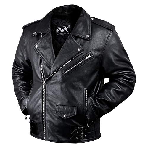 HWK Brando Leather Motorcycle Jacket for Men, Genuine Black Leather Jacket with Removable CE Armor & Micro Polyester Thermal Lining for Weather & Water Resistant Enduro Motorbike Riding - Medium