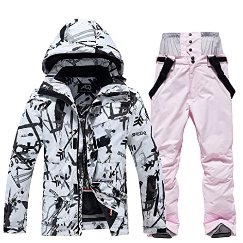 Fashion Women's Ski Suit High Mountain Waterproof Windproof Snowboard Printed Ski Suit Winter Warm Hooded Coat B-Pink Pants M