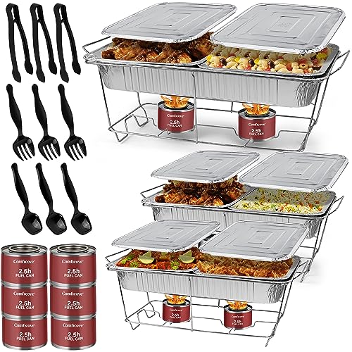 Disposable Chafing Dish Buffet Set, 33 Piece of Chafing Servers with Food Warmers, Covers, Half-Size Food Pans, Water Trays, Serving Utensils, Foil Lids and 2.5H Fuel Cans for Parties, Catering