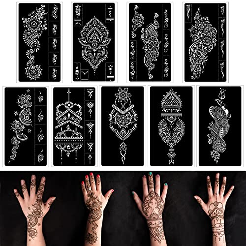 Henna tattoo stencils kit,Reusable henna stencils for Hand Forearm Glitter Airbrush Diy Tattooing Template, Indian Temporary Tattoo Stickers for Women Girls（8.2' x 4.7'）