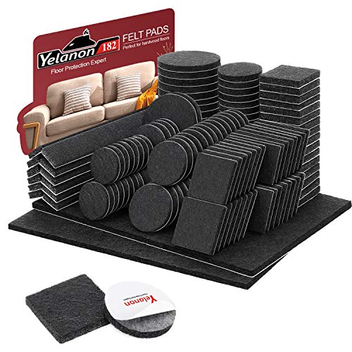 Yelanon Felt Furniture Pads -182 Pcs Furniture Pads Self Adhesive, Cuttable Felt Chair Pads, Anti Scratch Floor Protectors for Furniture Feet Chair Legs, Felt Pads for Hardwoods Floors, Black