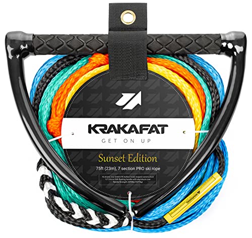KRAKAFAT 75ft Water Ski Rope, Wakeboard Rope - 7 Sections with 13' EVA Diamond Grip Floating Handle - 1-2 Rider Tube Tow Rope for Tubing - Boat Tow Rope for Kneeboard