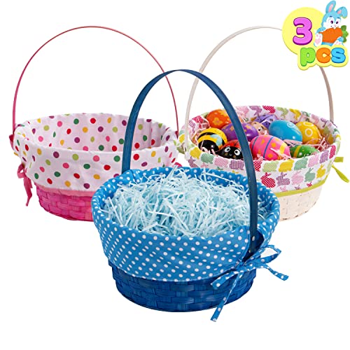 JOYIN 3 Pcs Easter Bamboo Basket with Polka Dots Lining, Natural Woven Easter Eggs and Candy Wicker Basket for Picnic, Gift Packing, Decor