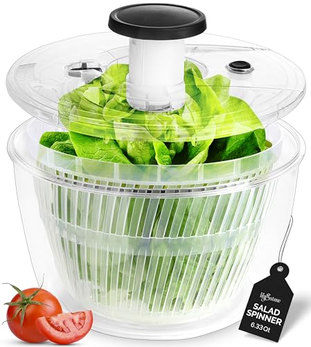 lily&stone Large Pump Salad Spinner with Drain, Bowl, and Colander - Quick and Easy Multi-Use Lettuce Spinner, Vegetable Dryer, Fruit Washer, Pasta and Fries Spinner - 6.33 Qt