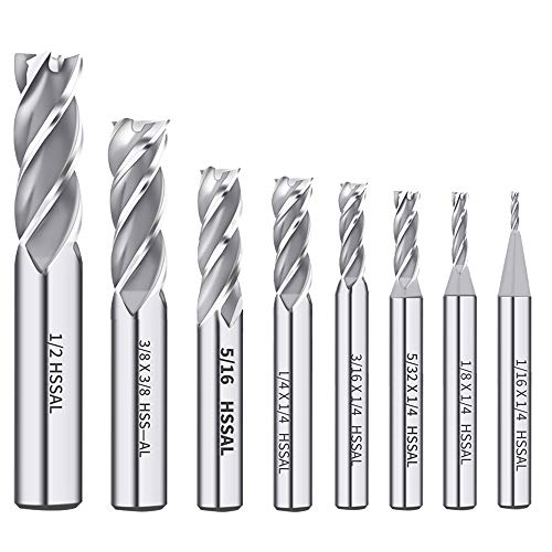 AUTOTOOLHOME 1/8' 3/16' 1/4' 5/16' 3/8' 1/2' high Speed Steel HSS 4 Flute Straight End Mill Cutter 5/32' 1/16' Set of 8