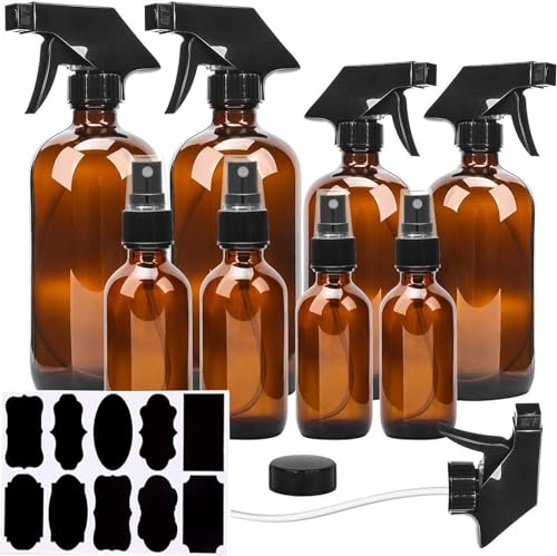 QINGYA 8 Pack amber glass bottle Set,Empty Refillable Essential Oil Bottle,Multi Size and Versatile(16oz x2,8oz x2,4oz x2,2oz x2) with Labels