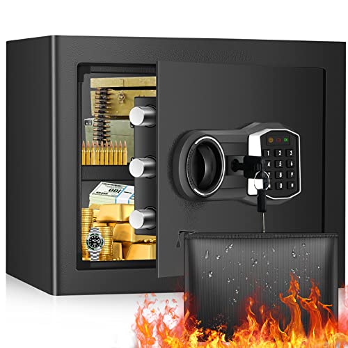 1.6 Cub Home Safe Fireproof Waterproof, Fireproof Safe Box with Fireproof Money Bag, Digital Keypad Key and Removable Shelf, Personal Security Safe for Home Firearm Money Medicines Valuables