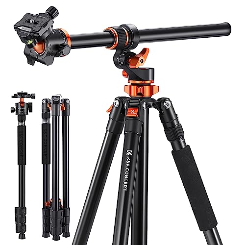 K&F Concept 90 inch/230cm Ultra High Camera Tripod,Horizontal Overhead Shooting Travel Tripods with Metal Ball Head 10KG Load Capacity,Detachable Monopod, for Indoor and Outdoor Use T254A7+BH-28L