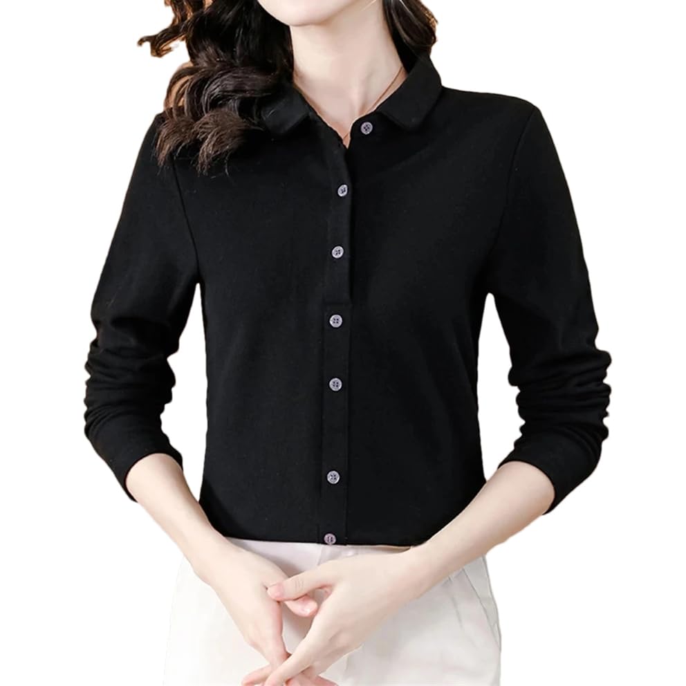 Women Solid Color Velour Button Shirts Female Basic Casual Vintage Blouses Tops Black 3XL