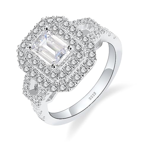 Moissanite Engagement Ring for Women,2ct Vintage Emerald Cut D Color VVS1 Lab Created Diamond Halo Wedding Band,S925 Sterling Silver 18K White Gold Plated Eternity Promise Valentine Ring (9.5)