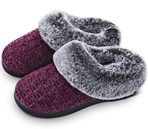DL Women's House Slippers with Fuzzy Plush Faux Fur Collar, Memory Foam Slip on House Shoes with Indoor Outdoor Anti-Skid Rubber Sole, Purple, 7-8